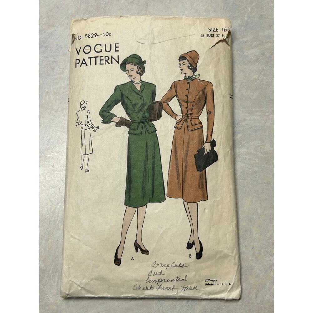 Vintage 1940's Vogue Pattern #5829 WWII Era Dresses Size 16‎ Bust 34" Hip 37"